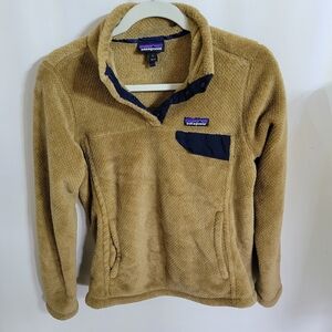 Women’s Patagonia Camel Tan Fleece Pull Over Quarter Neck Button Sweater, Size S
